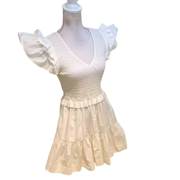 Sea NY white flutter sleeve cotton mini dress tiered skirt smocked bodice sz 4 - Picture 5 of 12
